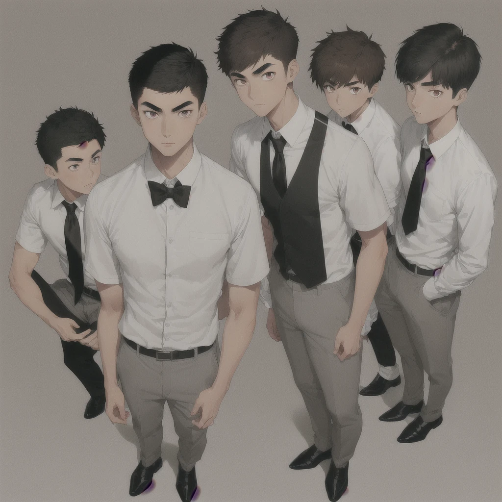 Male Asian young adult , short spikey hair , brown lazy eyes, sharp eyebrow, thin nose, good looking ,brown hair, tan skin, broad shoulders, lean, tall, short black tie, fitted white school shirt with rolled sleeves, light grey school pants, black fancy shoe , full body view
