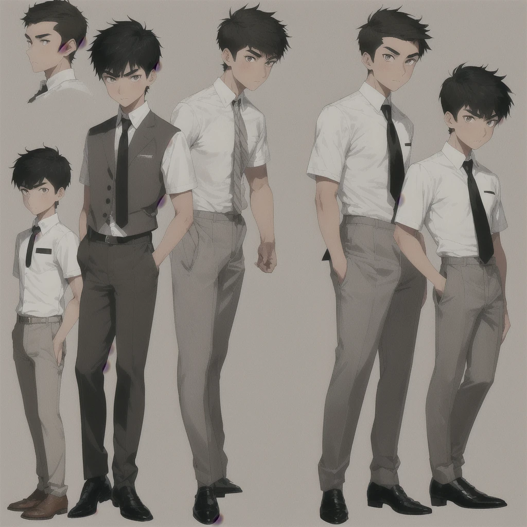 Male Asian young adult , short spikey hair , brown lazy eyes, sharp eyebrow, thin nose, good looking ,brown hair, tan skin, broad shoulders, lean, tall, short black tie, fitted white school shirt with rolled sleeves, light grey school pants, black fancy shoe , full body view