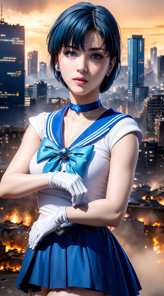 masterpiece, Highest quality, High resolution, Venus 1, One girl, alone, Sailor Warrior Uniform, Sailor Mercury, Mizuno Ami, Blue Hair, Magical girl, blue eyes, Blue Skirt, Elbow hand pockets, tiara, Pleated skirt, Blue Sailor Collar, mini skirt, choker, blue choker, White gloves, Short Hair,  jewelry,  Earrings, Cowboy Shot,More detailed 8K.Unreal Engine:1.4,超High resolution,La Highest quality:1.4, Realistic:1.4, Skin Texture:1.4, masterpiece:1.8,first work, Highest quality,Object Object], (Detailed facial features:1.3),(Fine hand:1.4),(Apocalyptic destroyed cityscape:1.4)