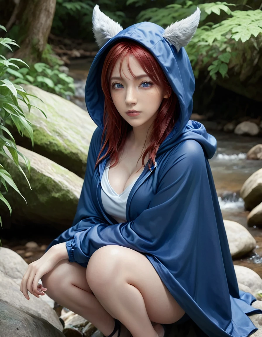 a girl with red hair, animal ears, wearing a blue hooded cape, sitting on a rock by a forest stream, yellow eyes, (best quality,4k,8k,highres,masterpiece:1.2),ultra-detailed,(realistic,photorealistic,photo-realistic:1.37),RAW photo
