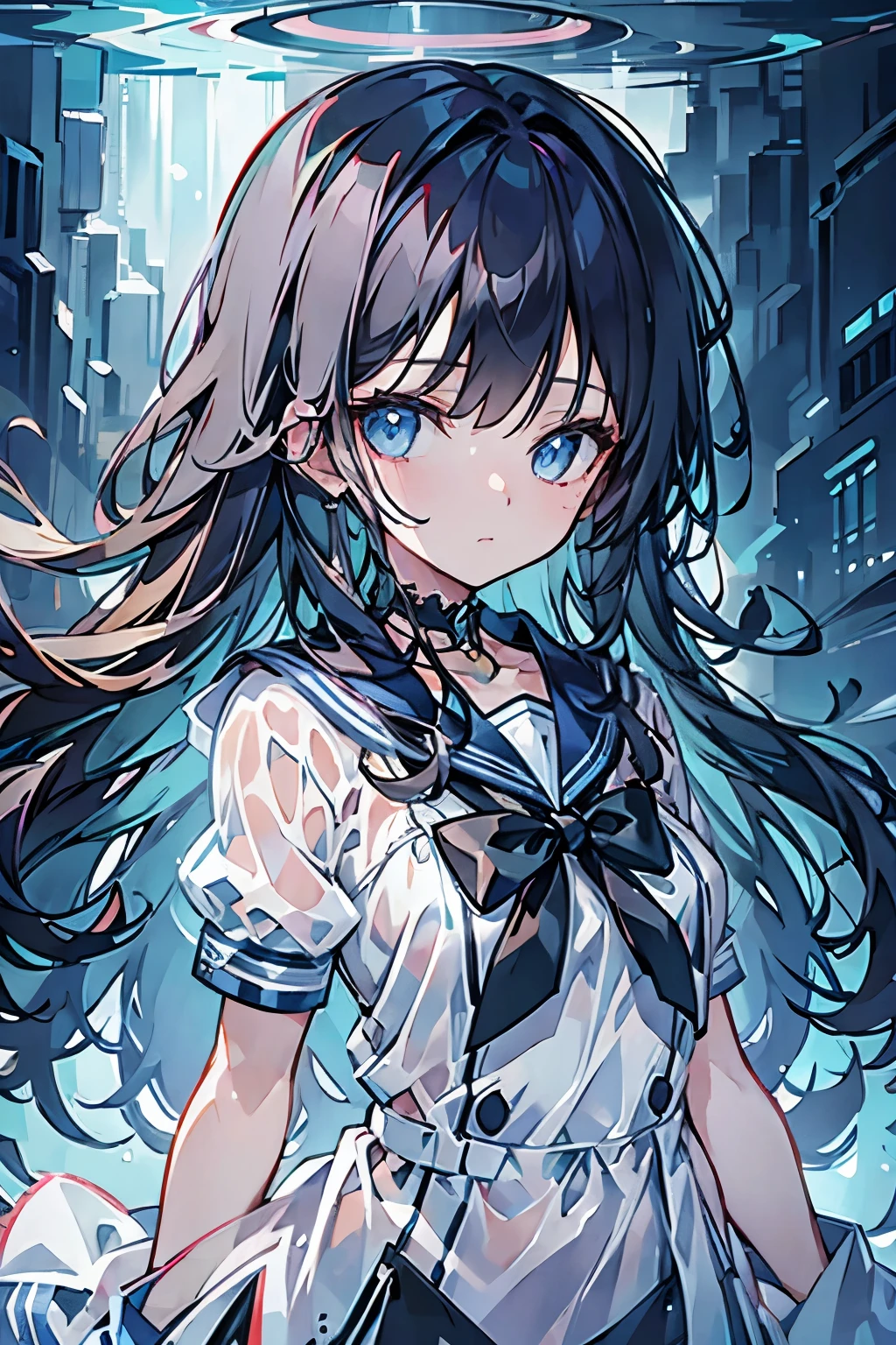 (see-through:1.3),white serafuku,sailor dress, white theme,school uniform, sailor suit, looking at viewer,  insanity, messy long hair, beautiful detailed eyes,Hair glows,dramatic angle,blue sailor collar, perky breasts,light smile,partially underwater shot...