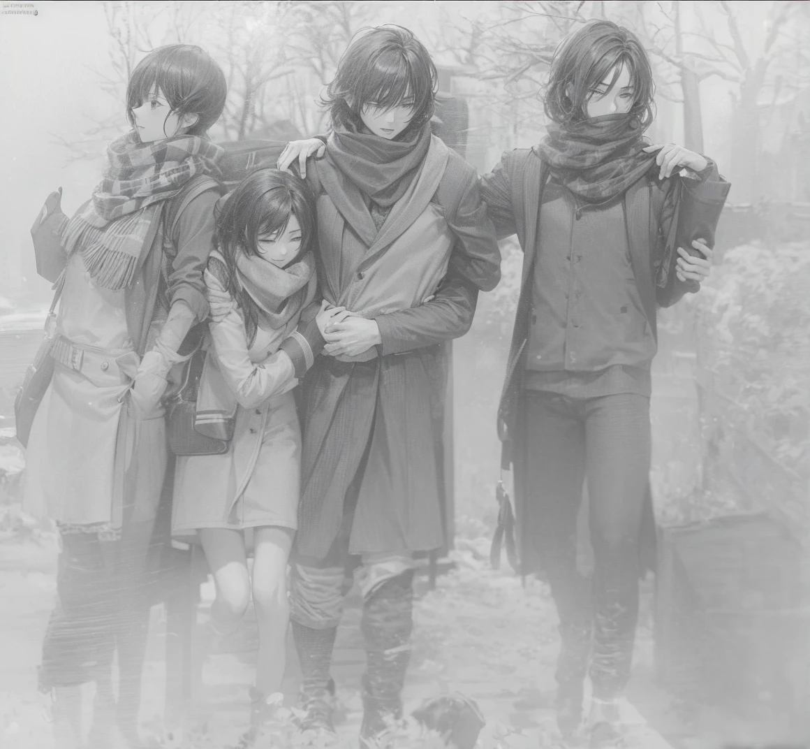 3 beautiful student, mikasa with chalina, In the middle, a male student with a scarf and on the side, a muscular man hugs his friend in the middle with one hand, happy from behind, looking at the sun in front of him.