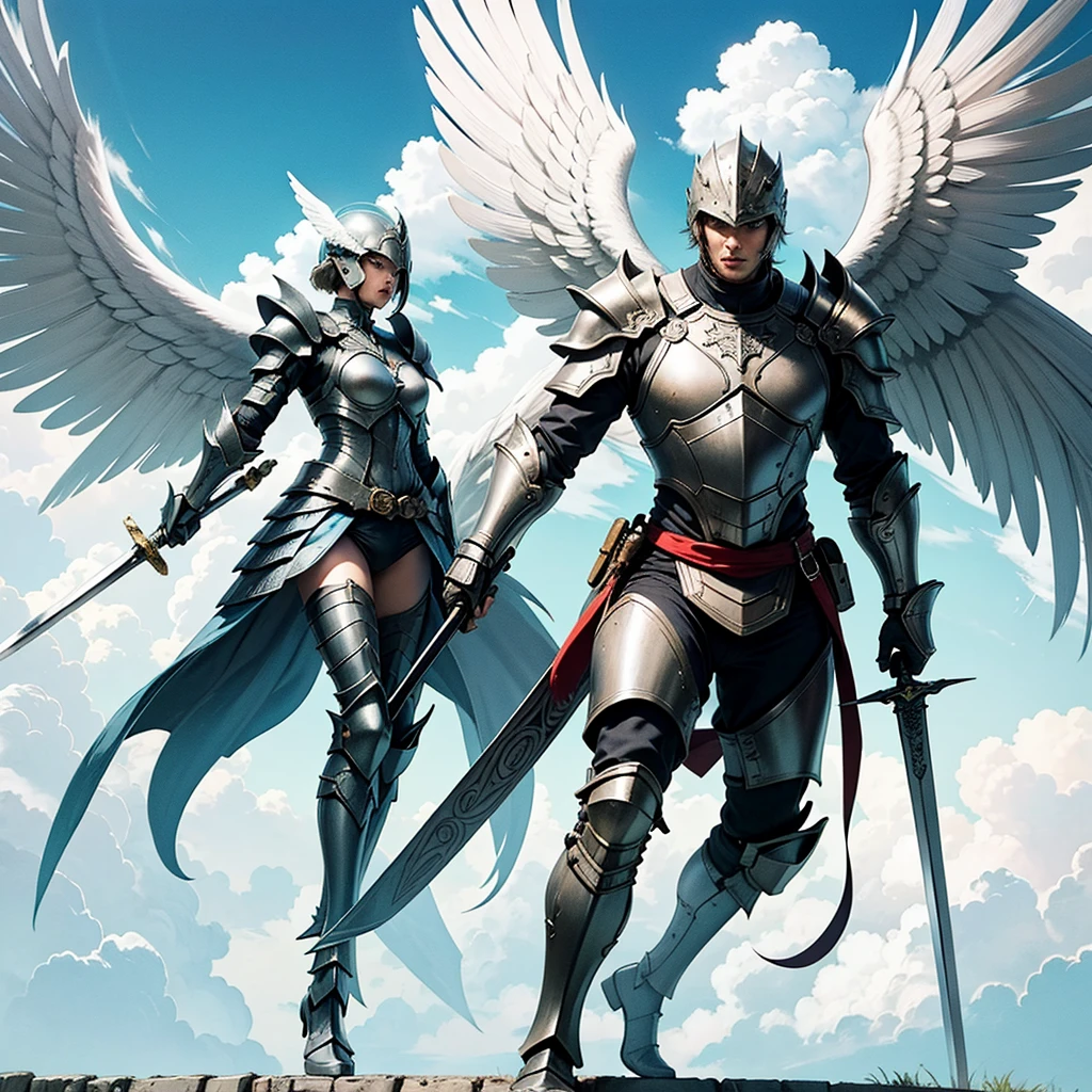 ((Best Quality)), ((masterpiece)), (detailed), angel warrior man with war armor, war helmet with sword, on his back and wings open climbing stairs towards the sky between clouds
