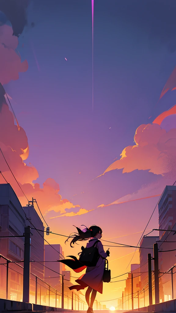 A person walking down a street at sunset with hues of purple and orange in the sky, in silhouette, carrying two bags.