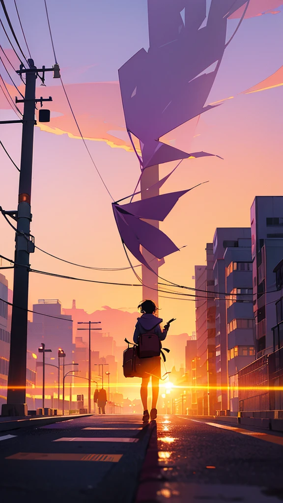 A person walking down a street at sunset with hues of purple and orange in the sky, in silhouette, carrying two bags.