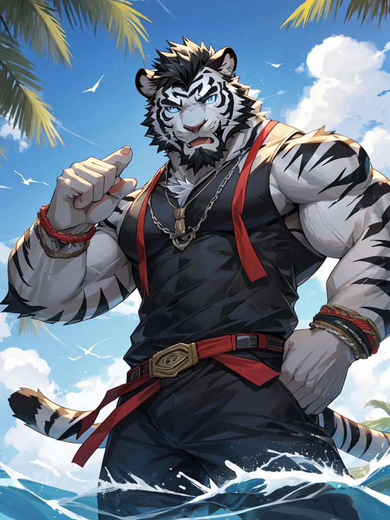 Masterpiece, Solo, Furry Black White Tiger, Blue Eyes, Medium Black Hair, Medium Black Facial Hair, Muscular Body, Cool Pose, Handsome, Good Looking, Adult, Fierce, Smirking mouth open, Summer outfit, summer background