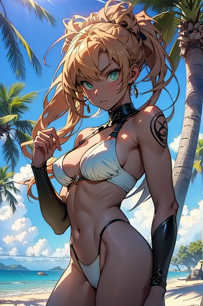 masterpiece, rich colors, Best quality, detailed, high resolution, Hyper quality, high detail, , high quality, detailing, skinny  girl on the beach , bright lighting , green eyes, anime, palm trees, bright lighting,