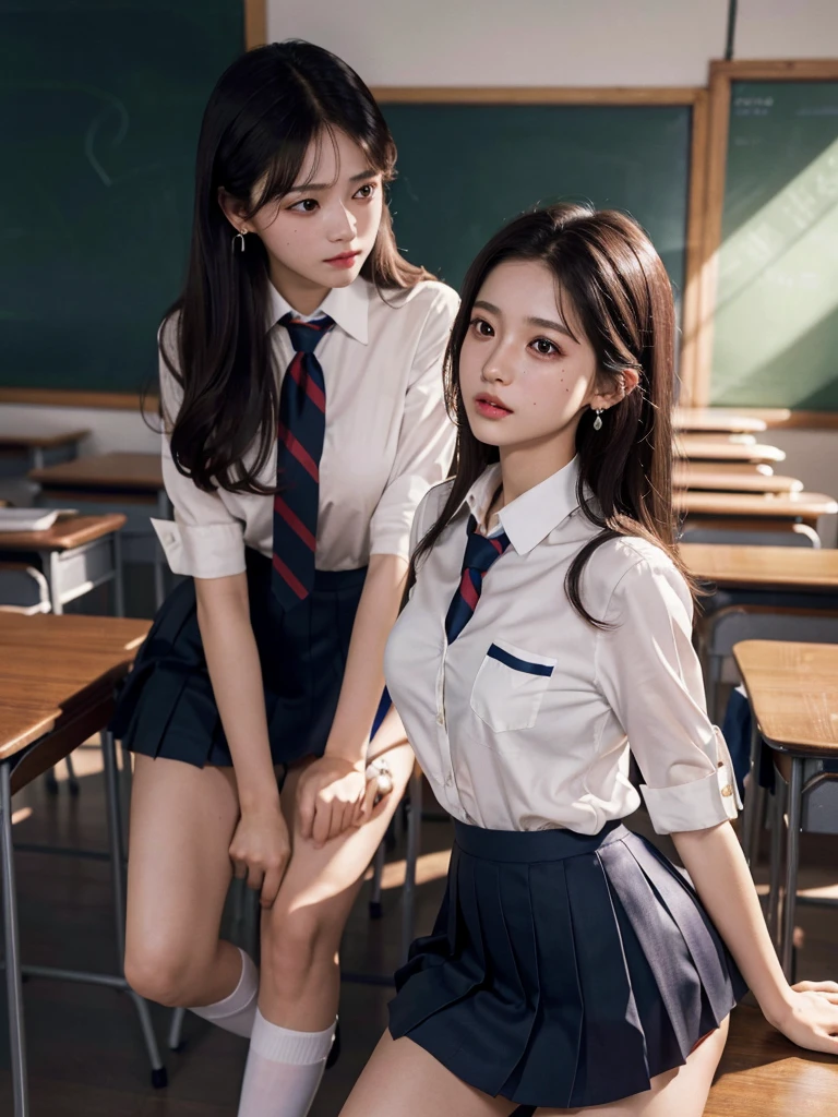 absurdres, RAW photo, extremely delicate and beautiful, masterpiece, Best Quality, ultra high resolution, 32k, hyperrealistic, ultra-detailed, tearful mole, earring, medium breasts, full body shot, medium hair, asymmetrical hair, ((school_uniform)), short skirt,