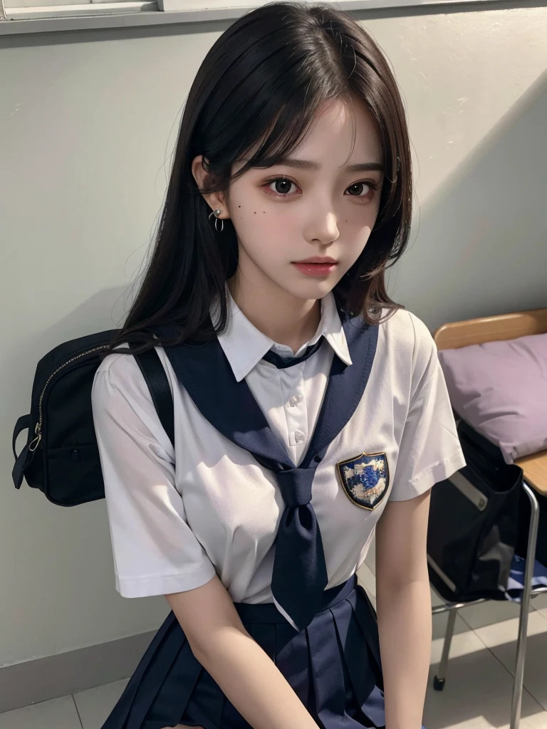 absurdres, RAW photo, extremely delicate and beautiful, masterpiece, Best Quality, ultra high resolution, 32k, hyperrealistic, ultra-detailed, tearful mole, earring, medium breasts, full body shot, medium hair, asymmetrical hair, ((school_uniform)), short skirt,
