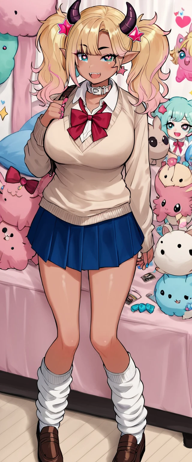 1girl, pink skin, blonde hair, messy pigtails, medium hair, heart hair accessories, black eyebrows, beige sweater, (((gyaru))), cyan eyes, (star pupils), elf ears, ((pink fluffy axolotl horns)), blue short skirt, red bow ribbon, white collar shirt, loose clothing, large loose socks, gyaru socks, brown flats,
Score_9,Score_8,score_7_up,source_anime, rating_questionable, 
