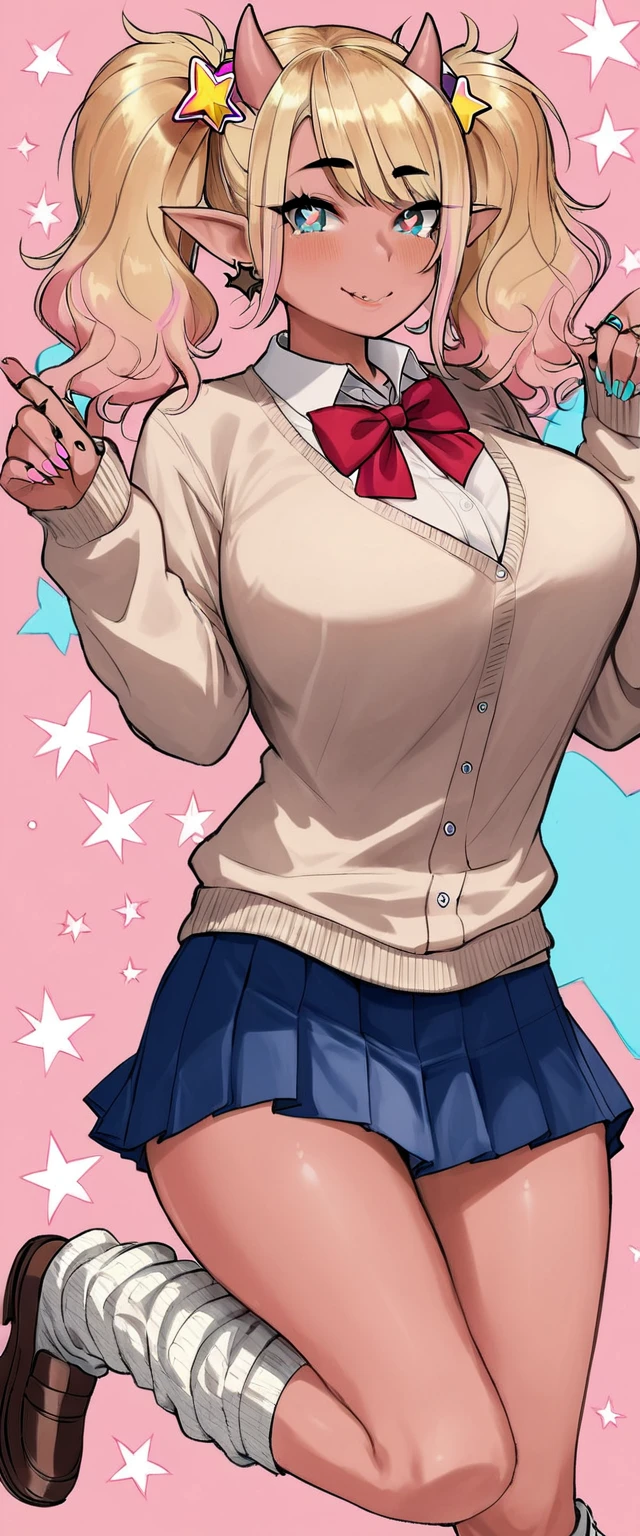 1girl, pink skin, blonde hair, messy pigtails, medium hair, heart hair accessories, black eyebrows, beige sweater, (((gyaru))), cyan eyes, (star pupils), elf ears, ((pink fluffy axolotl horns)), blue short skirt, red bow ribbon, white collar shirt, loose clothing, large loose socks, gyaru socks, brown flats,
Score_9,Score_8,score_7_up,source_anime, rating_questionable, 
