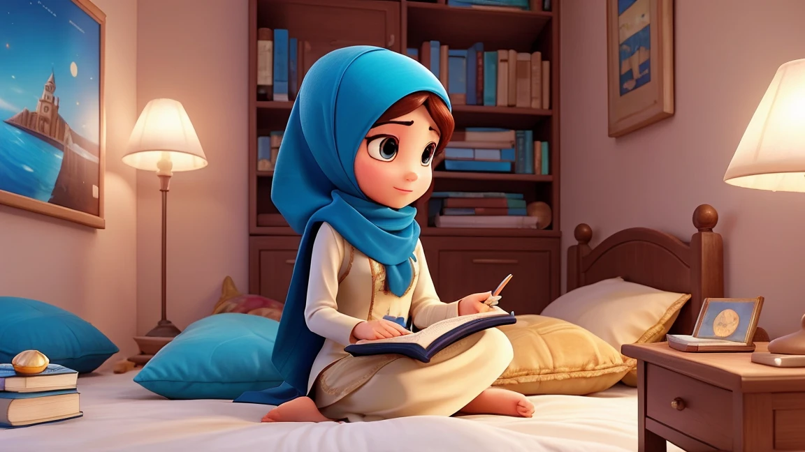 arabic 25 years oald women, reading coran book , take the book in herhands,inside her bed, reading a book,coveredhead,modern Hijab wear,extremely detaild,side view,moderne bedroom design,a moment of pure relaxation,vibrant colors,soft, dim lighting,smooth bokeh effect,oil painting style,Romantic Inspiration,exceptional sharpness PIXAR style
