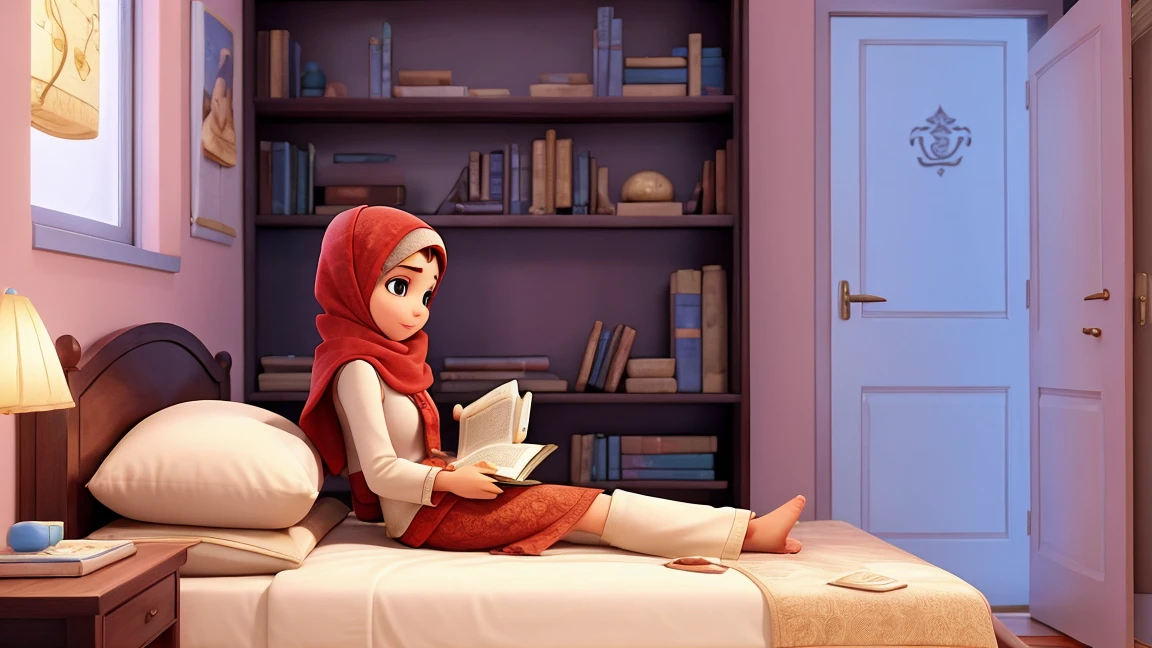 arabic 25 years oald women, reading coran book , take the book in herhands,inside her bed, reading a book,coveredhead,modern Hijab wear,extremely detaild,side view,moderne bedroom design,a moment of pure relaxation,vibrant colors,soft, dim lighting,smooth bokeh effect,oil painting style,Romantic Inspiration,exceptional sharpness PIXAR style