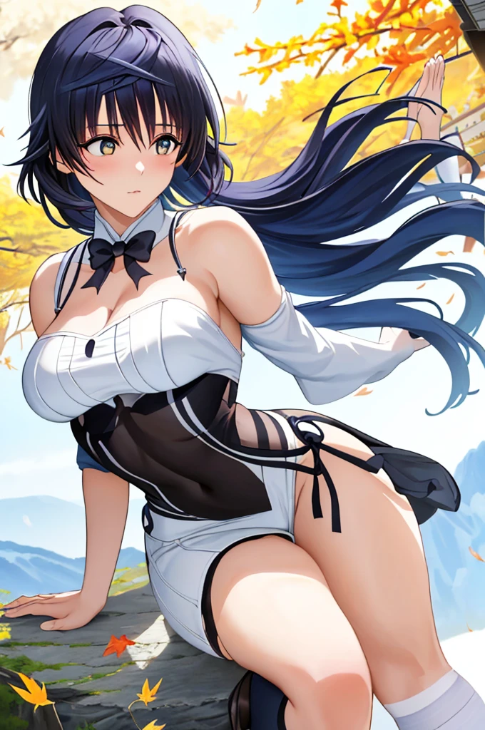 Iroha、super breasts、thick thighs、black hair、8K, 4k, highest quality, High resolution: 1.2)、cute anime face、noise removal、maid、和風maid、black leotard、full body portrait、Leotard that bites into、Japan holding a sword、sandals、blue eyes、Black long tights、gentle smile、white kimono、T-back that digs into your butt、emphasis on the buttocks、Serving food、Japanese garden