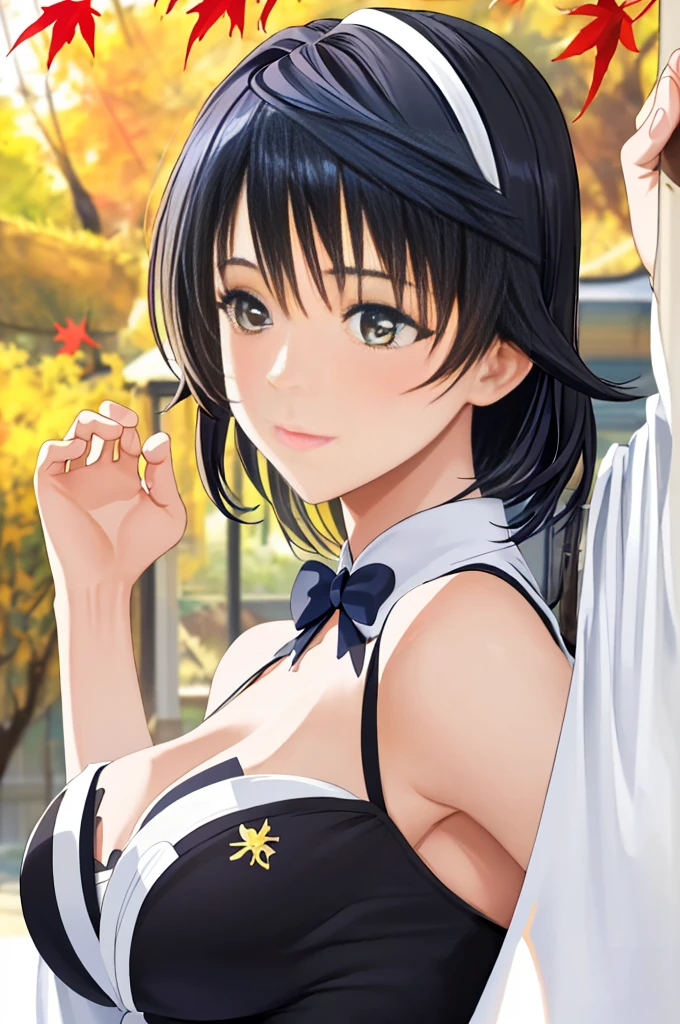 Masterpiece, Best quality, A high resolution, 1girll, Blue hair, pony tails, bangs, hair between eye, side locks, ahoge, Purple eyes, bell, Neckbells, Detached collar, White collar, cropped shoulders, Black pantyhose, Tights under clothes, Detached sleeves, White sleeves, Long sleeves, Golden decoration, Medium breasts, mitts, Black gloves, ribbon, Leg ribbon, ankle ribbon, White footwear, visions (Genshin Impact), Ganyu \(Genshin Impact\), Outdoors, (east asian architecture, Autumn, Autumn leaves), full bodyesbian:1.5, Positive focus,Look up at the camera