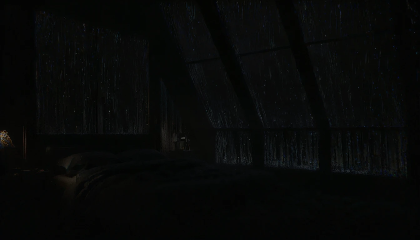 arafed view of a bed in a dark room with a window, rain aesthetic, dark bedroom, rainy night, raining at night, dark glowing rain, late night raining, dark and moody aesthetic, strong rain night, rainy evening, extremely gloomy lighting, dimly lit bedroom, rainy day. game render, dark hazy room, rain. hyper detailed