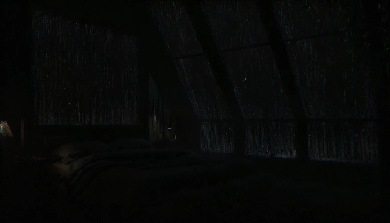 arafed view of a bed in a dark room with a window, rain aesthetic, dark bedroom, rainy night, raining at night, dark glowing rain, late night raining, dark and moody aesthetic, strong rain night, rainy evening, extremely gloomy lighting, dimly lit bedroom, rainy day. game render, dark hazy room, rain. hyper detailed