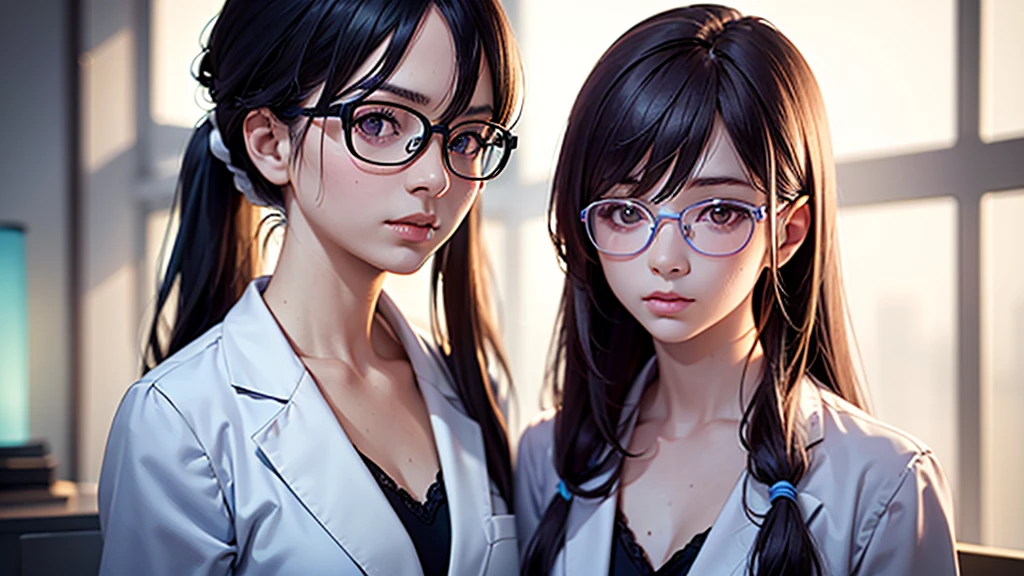cinderella girl,1girl,long purple hair,ponytail,glasses,white lab coat,curious expression,inquisitive face, with glass sample tubes,white laboratory background,(best quality,8k,highres,masterpiece:1.2),ultra-detailed,(realistic:1.37),professional,vivid colors,studio lighting,physically-based rendering,concept art