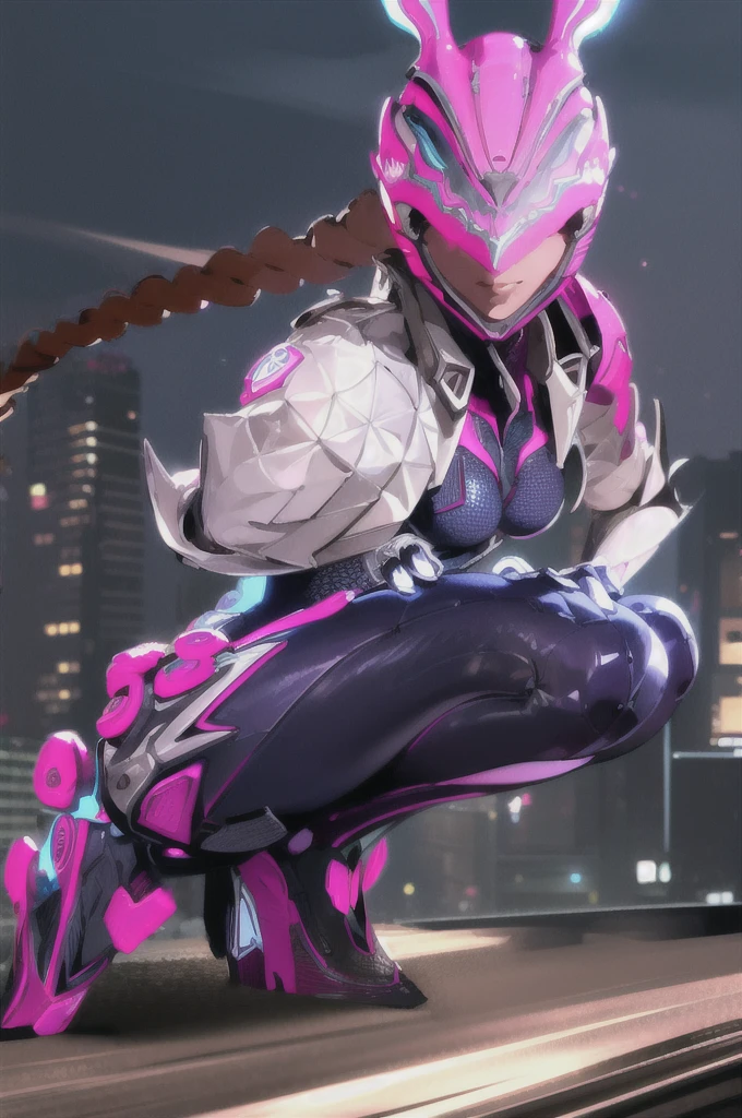 (a woman squatting in ruins of a city, dynamic motion at night, dark, foggy,), beautiful eyes, beautiful girl, high detail skin, high detail eyes, high detail hair, highres, ultra detailed, sharpen picture, Highly detailed, masterpiece, best quality, photorealistic, 
 1girl, helmet, rabbit ears, ponytail, bodysuit, lightning, glowing, pinkskin