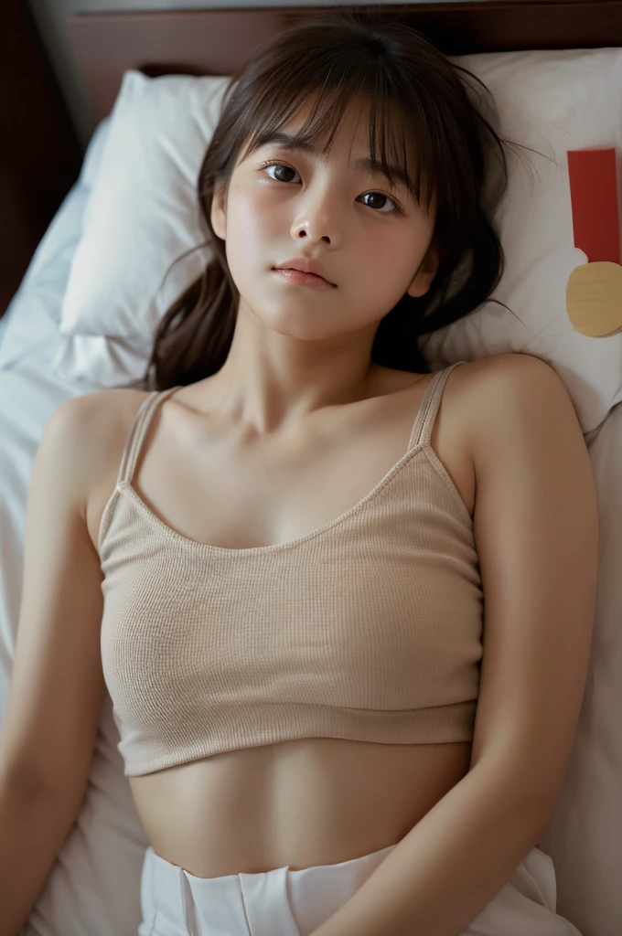((highest quality, masterpiece :1.3)), Photorealistic、Ultra-high resolution、Natural skin texture、Hyperrealism、Near Movies、Beautiful Japanese girl in her early teens、One girl、Tight crop top、Lying in bed、Frightened expression、Tears flowing