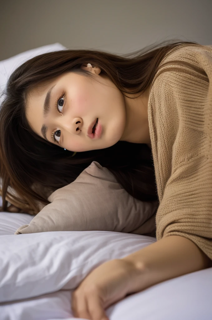 ((highest quality, masterpiece :1.3)), Photorealistic、Ultra-high resolution、Natural skin texture、Hyperrealism、Near Movies、Beautiful Japanese girl in her early teens、One girl、Tight crop top、Lying in bed、Frightened expression、Tears flowing