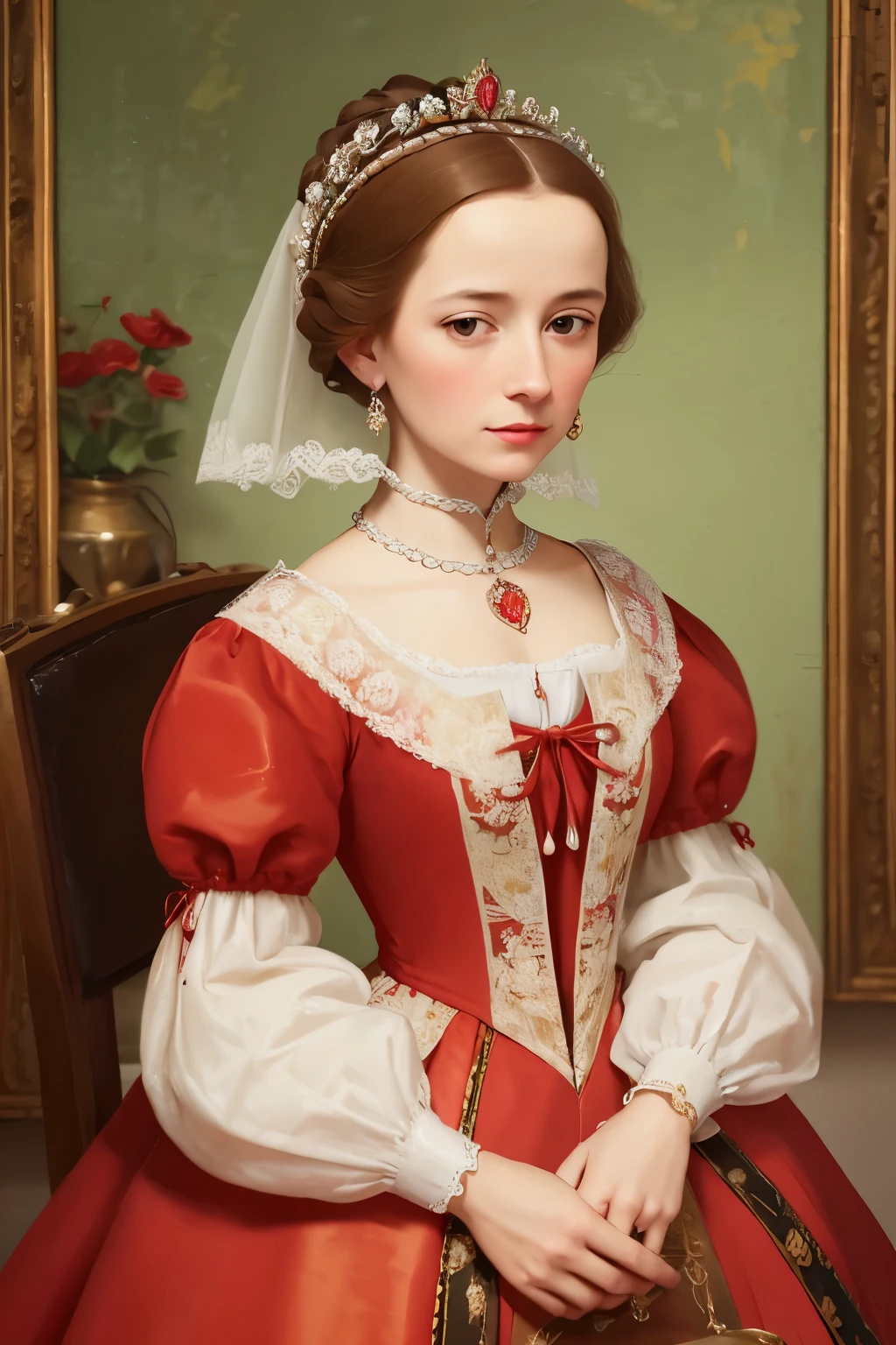 painting of a woman in a red dress with a white collar, portrait of a queen, 1 7 th century duchess, as an elegant noblewoman, inspired by Sofonisba Anguissola, 1500s oil portrait, wearing elegant tudor clothes, by Sofonisba Anguissola, painted in 1530, inspired by Eleanor Vere Boyle