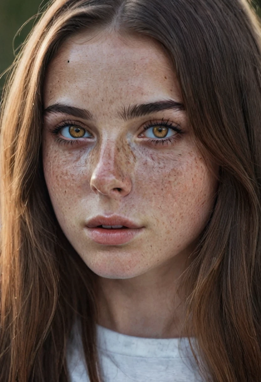 beautiful young girl, long brown hair, amber eyes, freckles on the nose and cheekbones, thick lips, thick black eyebrows