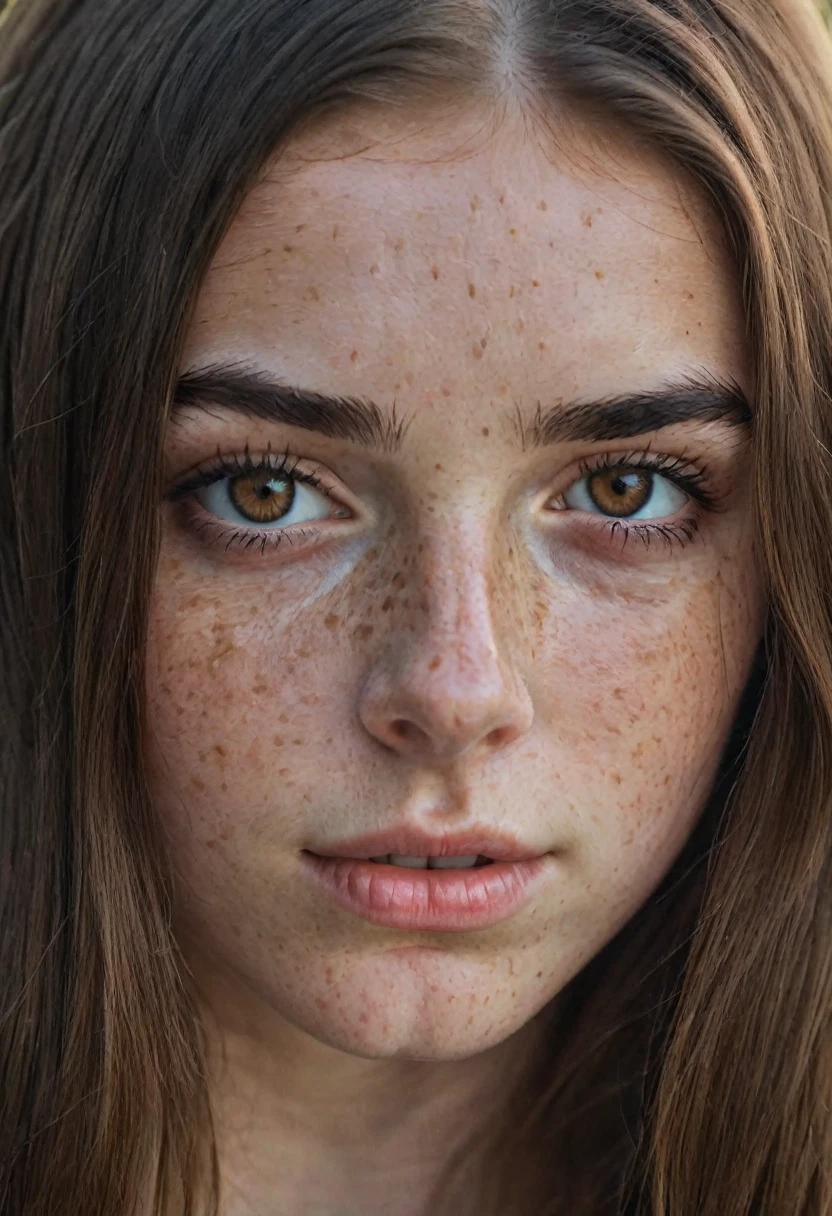 beautiful young girl, long brown hair, amber eyes, freckles on the nose and cheekbones, thick lips, thick black eyebrows