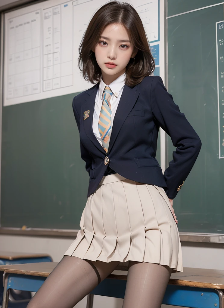 beautiful and delicate girl, very detailed eyes and face, beautiful detailed eyes, huge file size, very detailed, high resolution, very detailed, best quality, masterpiece, (((school classroom)), (((simple blazer))), (((pleated skirt))), (((The skirt and tie pattern are check patterns....:1.3))), very detailed, CG, 8K wallpapers, amazing, fine details, masterpiece, ((best quality)), very detailed CG uniform 8K wallpapers, my face shines, cinematic lighting, 1 woman, , (((dynamic pose))), (camel toe), (half), (((White panties))),  ((pantyhose)), ((Sit with your knees bent and your legs crossed..)), ((whole body)), (((skirt lift..:1.4))),