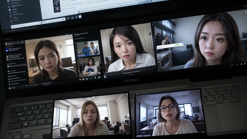 a close-up of a computer screen with a bunch of people on it, in meeting together, on-line, webcam screenshot