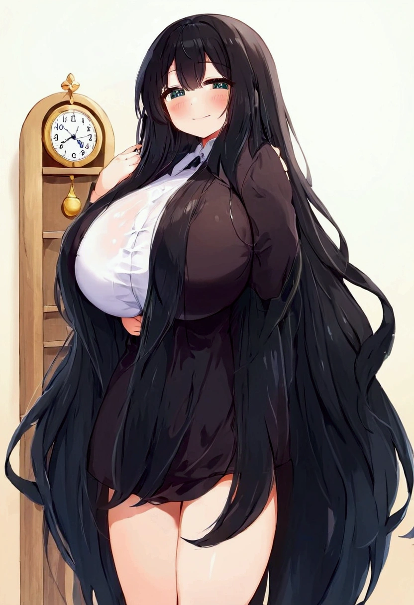 cute girl, super long hair, black hair, big hair, thick hair, big breasts, big butt, hourglass body, emphasis on hair, emphasis on eyes, emphasis on face, blush, smile, 