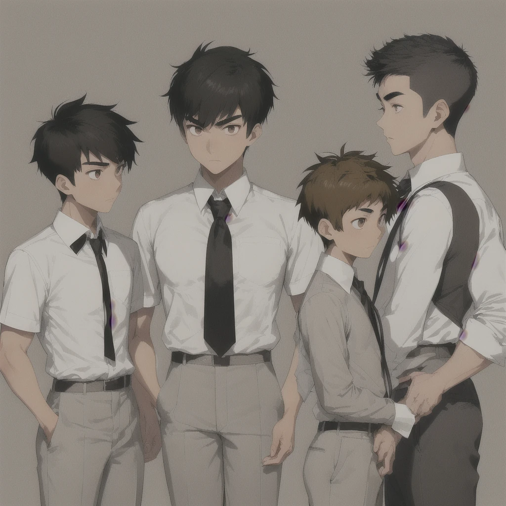 Male Asian young adult , short spikey hair , brown lazy eyes, sharp eyebrow, thin nose, good looking ,brown hair, tan skin, broad shoulders, lean, tall, short black tie, fitted white school shirt with rolled sleeves, light grey school pants, black fancy shoe , side profile view