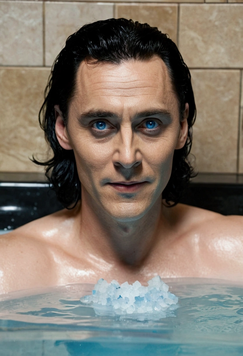 Loki, God of lies, medium black hair and blue eyes is in a comfortable and luxurious bathroom, inside a hot tub, arms resting on the edge of the bathtub with a glass of wine in his hands.