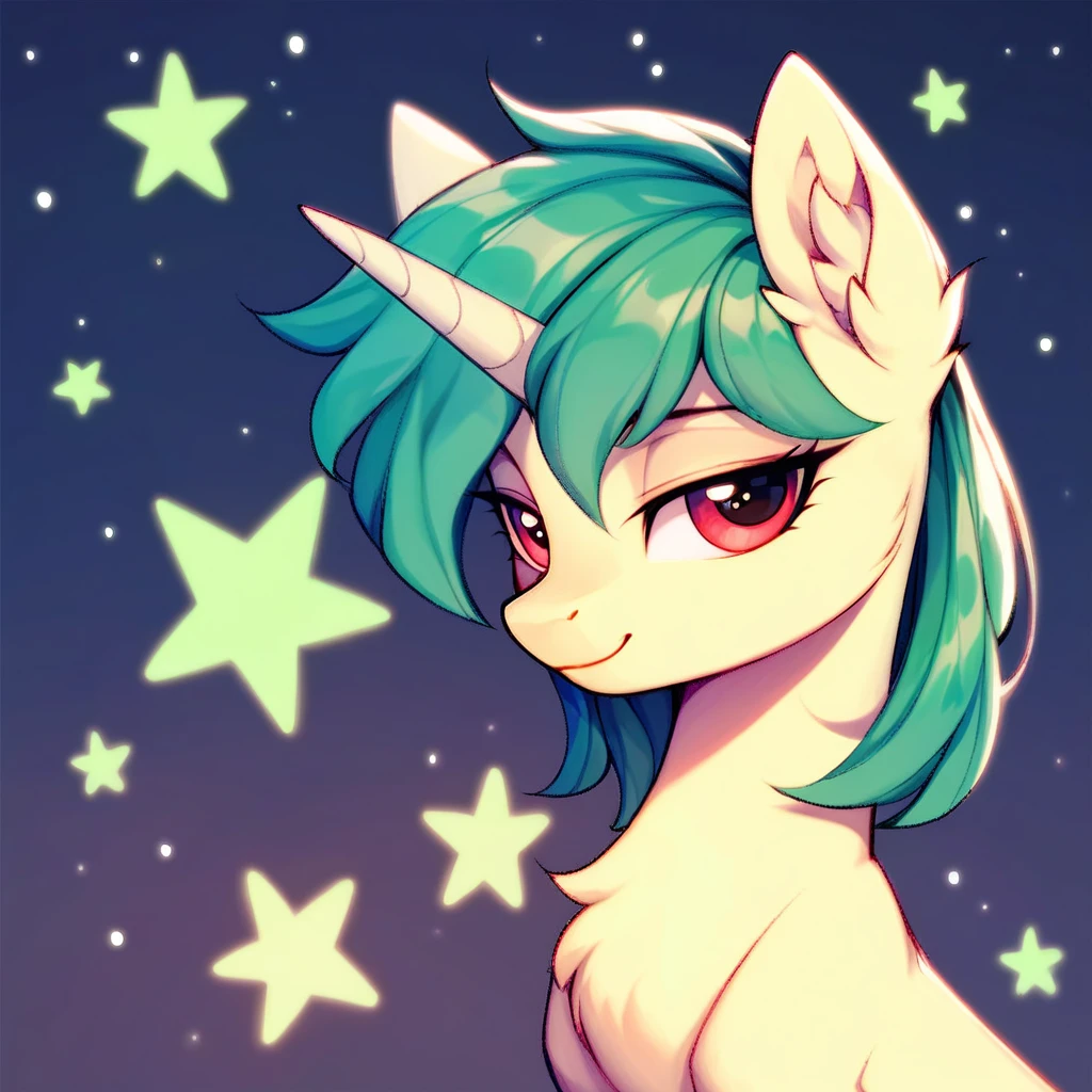 score_9, score_8_up, score_7_up, score_6_up, score_5_up, score_4_up, (by aki99), source_pony, rating_suggestive, (feral unicorn), bedroom eyes, shiny, masterpiece, detailed soft lighting, ear fluff, green_hair, straight_hair, Short_Hair, Fluffy_Hair, wolfcut_hair, light_green_skin, Red_eyes, hair_acessorios, Stars, Sparkles.