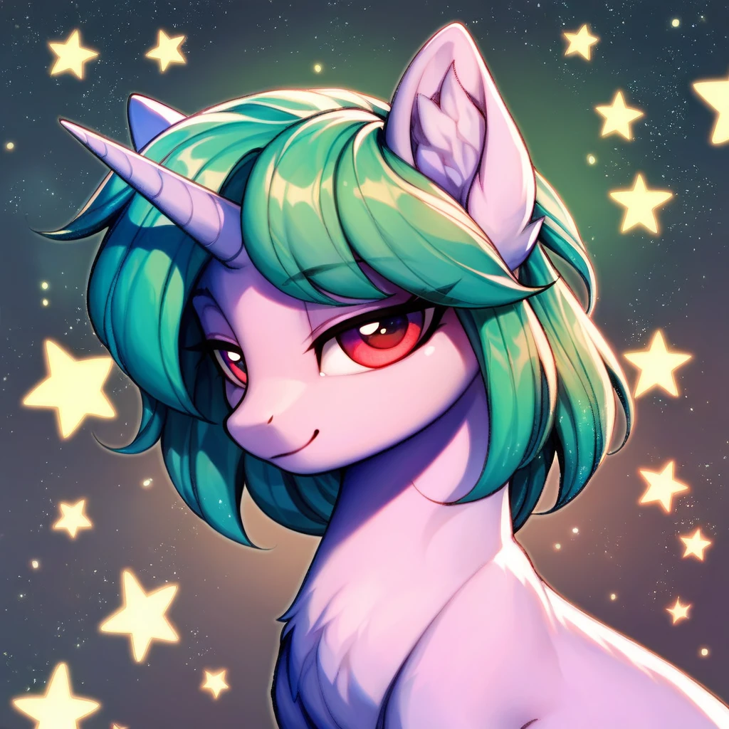 score_9, score_8_up, score_7_up, score_6_up, score_5_up, score_4_up, (by aki99), source_pony, rating_suggestive, (feral unicorn), bedroom eyes, shiny, masterpiece, detailed soft lighting, ear fluff, green_hair, straight_hair, Short_Hair, Fluffy_Hair, wolfcut_hair, light_green_skin, Red_eyes, hair_acessorios, Stars, Sparkles.