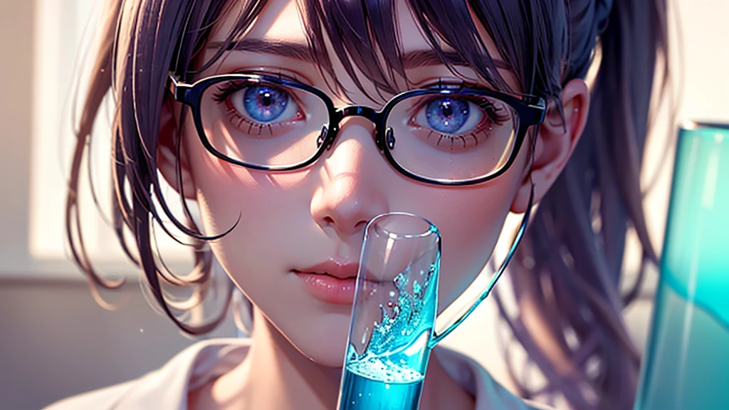 cinderella girl,1girl,long purple hair,ponytail,glasses,white lab coat,curious expression,inquisitive face, with glass sample tubes, doing an experiment with bright liquids, white laboratory background,(best quality,8k,highres,masterpiece:1.2),ultra-detailed,(realistic:1.37),professional,vivid colors,studio lighting,physically-based rendering,concept art