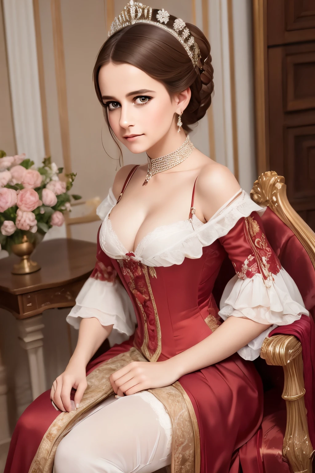painting of a woman in a red dress with a white collar, portrait of a queen, 1 7 th century duchess, as an elegant noblewoman, inspired by Sofonisba Anguissola, 1500s oil portrait, wearing elegant tudor clothes, by Sofonisba Anguissola, painted in 1530, inspired by Eleanor Vere Boyle