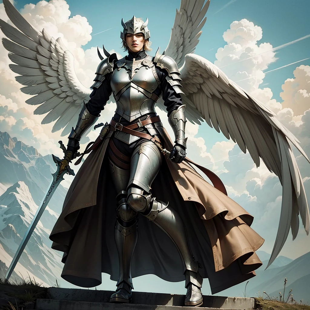 ((Best Quality)), ((masterpiece)), (detailed), angel warrior man with war armor, war helmet with sword, on his back and wings open climbing stairs towards the sky between clouds
