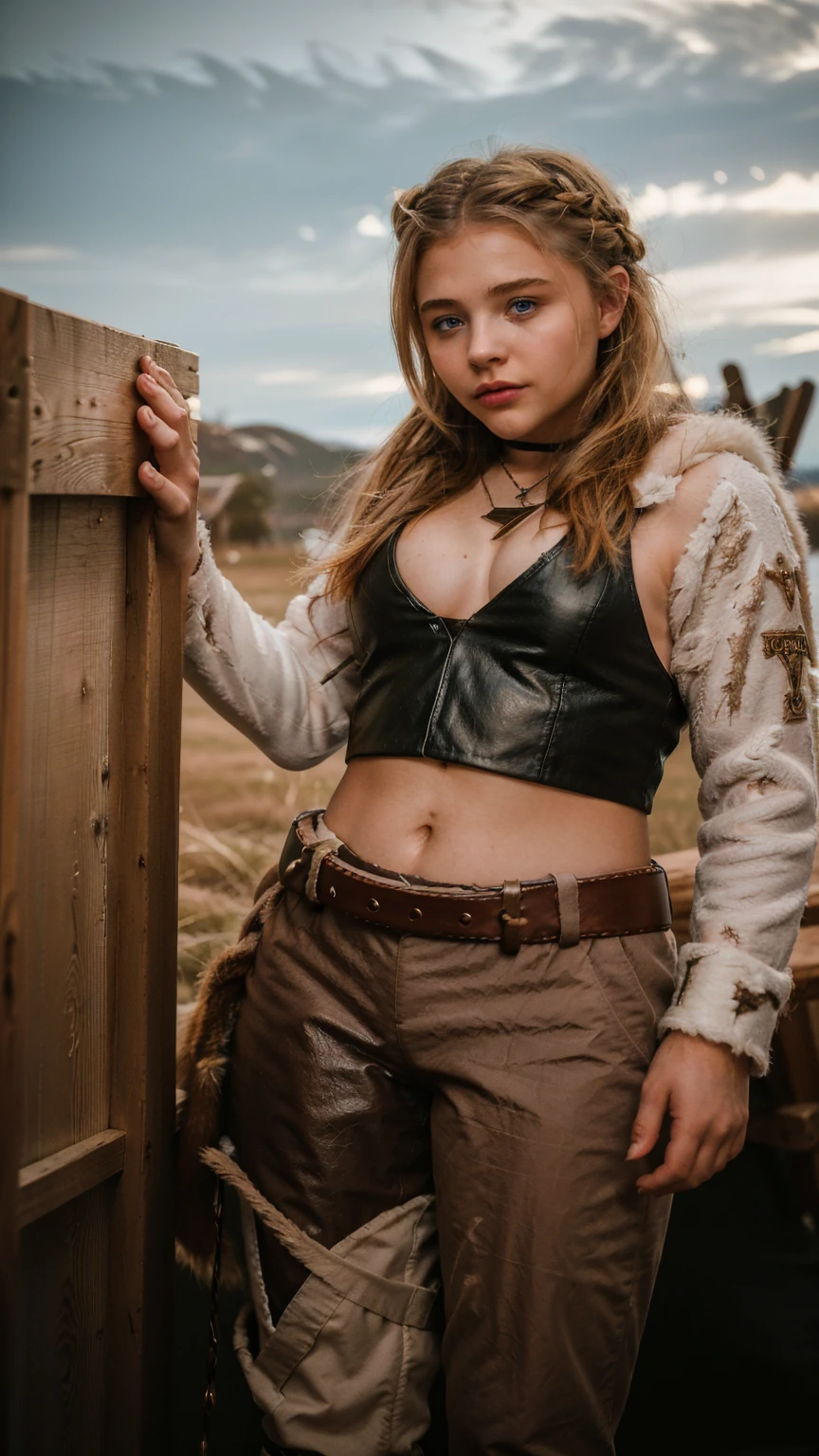 Masterpiece, Best quality, (photorealistic1.4), (UHD), (Cleavages), (epiCRealLife:1.0), (flashphoto), (flash photography), (night time), (chl03gm), (Chloe Grace Mortez wearing Viking armor), (V1k1ng, furs, leather armor, braids,), (VikAr costume), (cowboy shot), (in a Viking town)