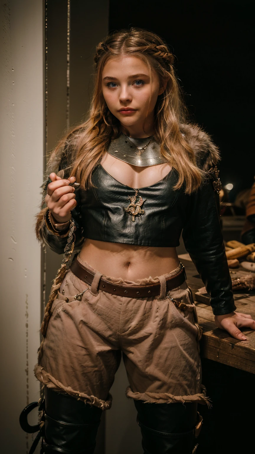 Masterpiece, Best quality, (photorealistic1.4), (UHD), (Cleavages), (epiCRealLife:1.0), (flashphoto), (flash photography), (night time), (chl03gm), (Chloe Grace Mortez wearing Viking armor), (V1k1ng, furs, leather armor, braids,), (VikAr costume), (cowboy shot), (in a Viking town)