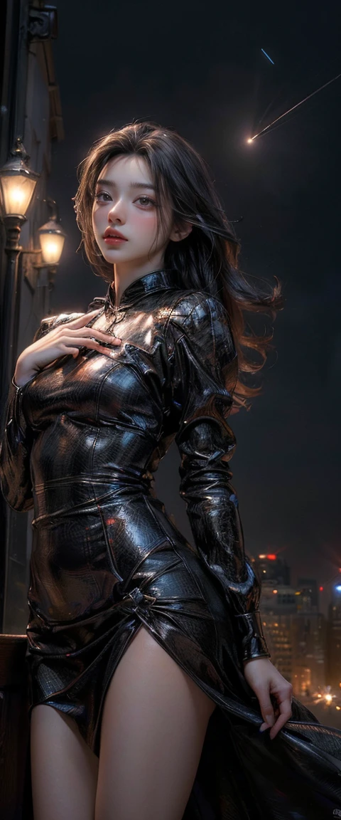 ((masterpiece, highest quality, Highest image quality, High resolution, photorealistic, Raw photo, 8K)), Meteorites rain down on the city from the night sky,