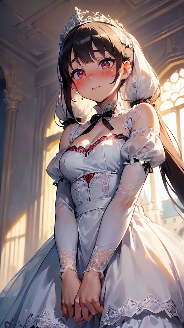 (((Looking up from below: 1.8))), Linneburg---(((Poor and small chest: 1.5))), (((Clad in pure white robe: 1.5))), (((Deep and vivid crimson eye color: 1.5))), (((Very long and thin twin tail hairstyle: 1.5))), (((Large black ribbon at the base of both twin tails: 1.5))), (((Shiny silvery white hair: 1.5))), (((Deep and vivid crimson eye color: 1.5))), (((Mature appearance: 1.5))), (((Pure white princess-like dress: 1.8) )), ((See-through fabric: 1.3)), (((Decorated with luxurious lace fabric: 1.3))), ((Cute white see-through: 1.3)), (((Western castle: 1.5))), ((Beautiful anime face, cute face, detailed face), ((Blushing in embarrassment: 1.5)), embarrassed expression, scary, open lips, adorable expression, break, standing, miniature human hand, perfect anatomy, perfect proportions, nice lighting, bright colors, clean lines, blurred, stunning expression, restless emotions, gorgeous, adorable, detailed beautiful face and eyes, (masterpiece) beautiful face, young handsome girl, real: perfect skin, blurred, stunning face Passion, restless emotions, gorgeous, adorable, detailed beautiful face and eyes, (Audrey Hepburn), (17 years old), Blake, finely textured beautiful skin and cleavage, (cute type), (J-pop idol), cinematic full color, 4K, 8K, 16K lace, raw photo, must-see movie, professional color grade, professional photographer, high school girl, soft and clean focus, realistic lighting and shading, (very delicate and beautiful artistic), elegant, eyes, (0.95), (slim), (beautiful girl),