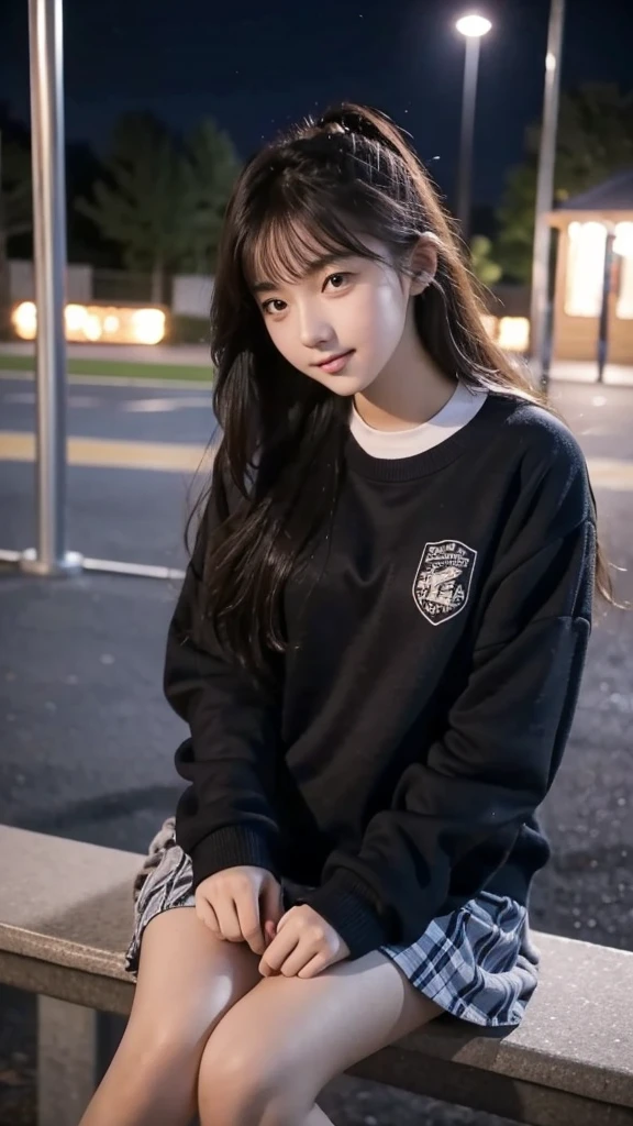 First-person perspective,a female high school student,Sit on the playground，night，wearing jk，Lovely