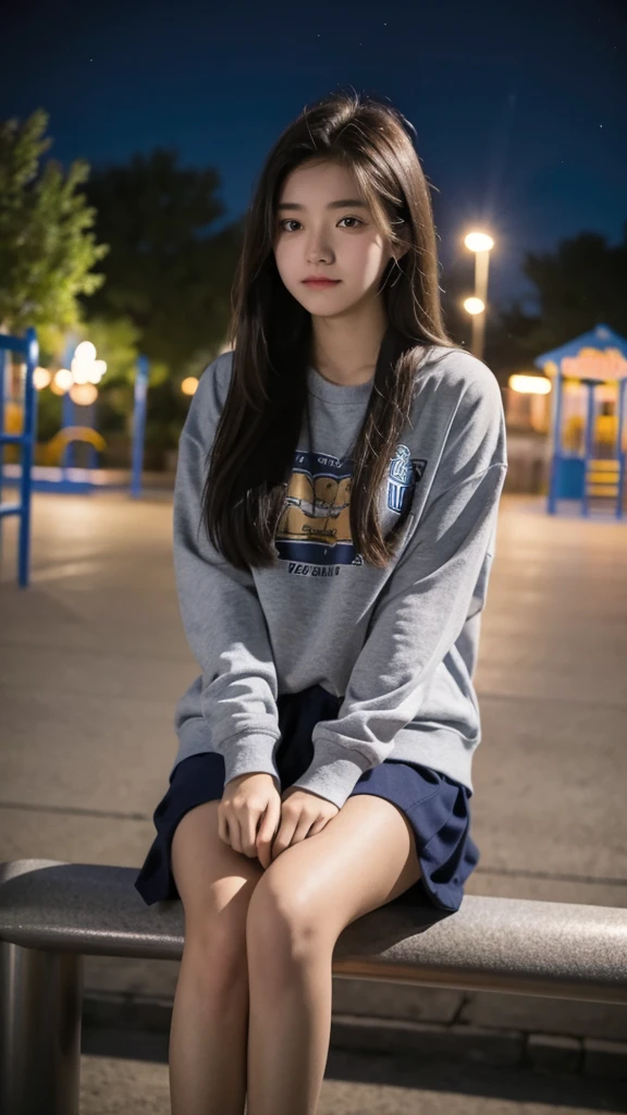 First-person perspective,a female high school student,Sit on the playground，night，wearing jk，Lovely