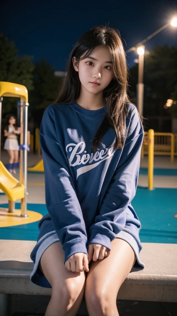 First-person perspective,a female high school student,Sit on the playground,night,wearing jk,Lovely