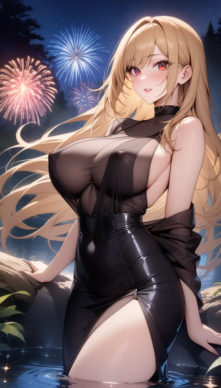masterpiece, best quality, very aesthetic, absurdres, 1girl, mature_lady,black_dress,covered_nipple,,Marin Kitagawa, long hair, blonde hair, red eyes,,besides a blue lake, night sky,stars,forest,Reflections in the water,,gorgeous Fireworks in sky,