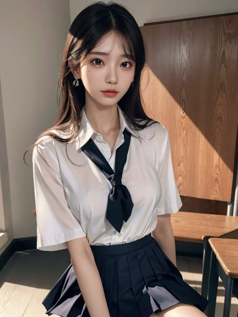 absurdres, RAW photo, extremely delicate and beautiful, masterpiece, Best Quality, ultra high resolution, 32k, hyperrealistic, ultra-detailed, tearful mole, earring, medium breasts, whole body shot, medium hair, asymmetrical hair, ((school_uniform)), short skirt,