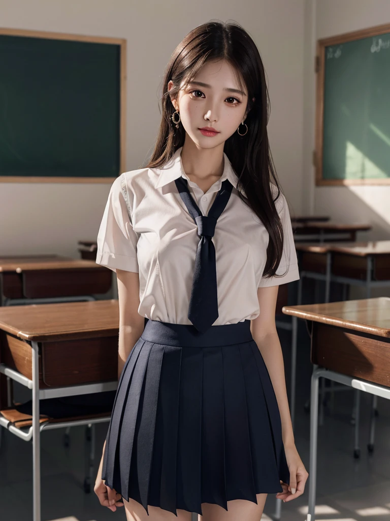 absurdres, RAW photo, extremely delicate and beautiful, masterpiece, Best Quality, ultra high resolution, 32k, hyperrealistic, ultra-detailed, tearful mole, earring, medium breasts, whole body shot, medium hair, asymmetrical hair, ((school_uniform)), short skirt,