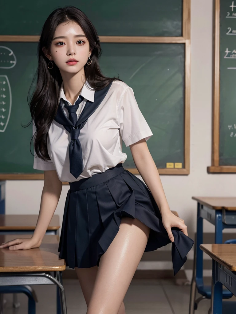 absurdres, RAW photo, extremely delicate and beautiful, masterpiece, Best Quality, ultra high resolution, 32k, hyperrealistic, ultra-detailed, tearful mole, earring, medium breasts, whole body shot, medium hair, asymmetrical hair, ((school_uniform)), short skirt,