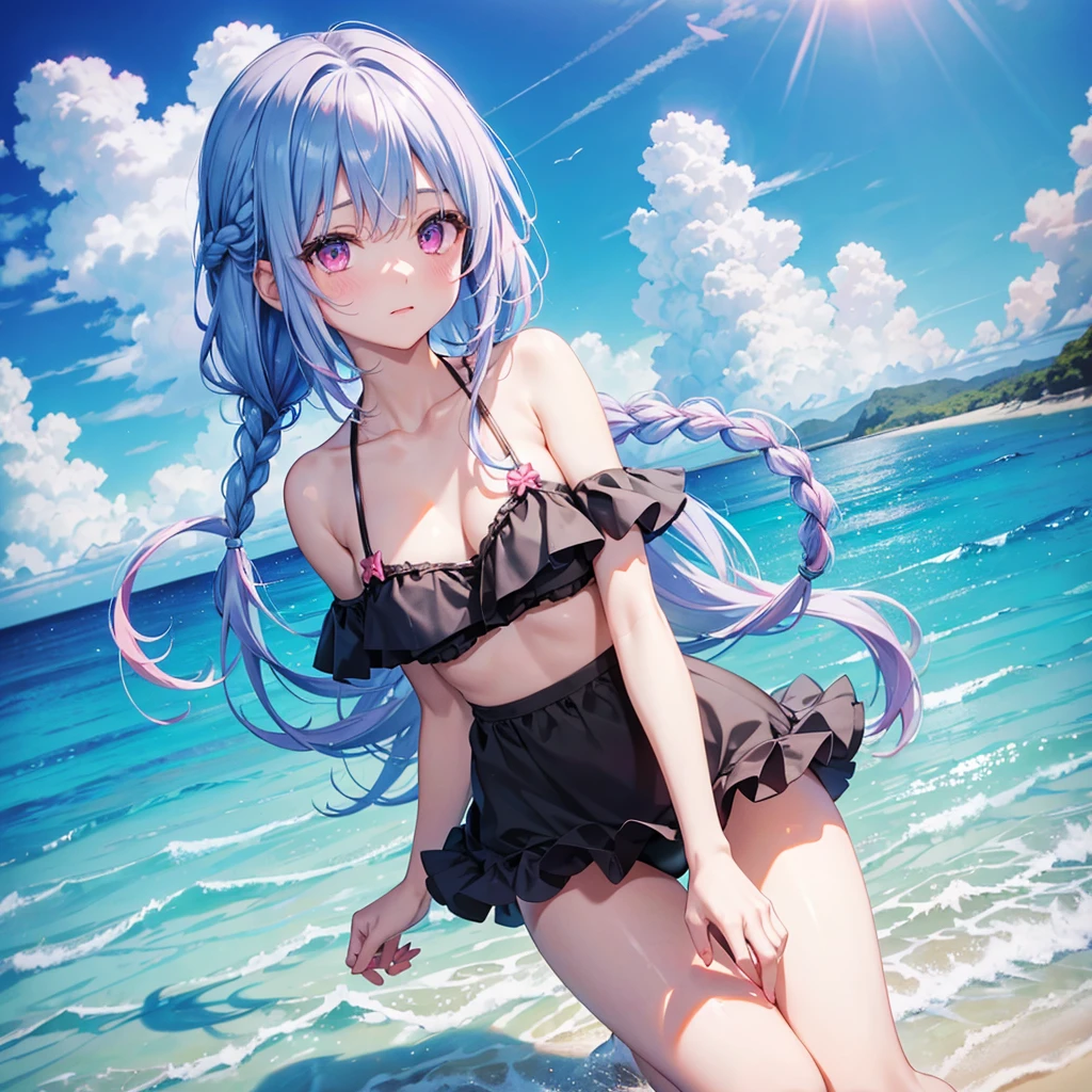 (Sky Blue Medium Hair),(Braided Hair)、Pink Eyes、Fair skin、(whole body)、(One Girl)、Black ruffled swimsuit、Shining white sand beach in midsummer、Okinawa's ocean、Big smile、、(masterpiece、Highest quality、Very detailed、Best Shadow)、(Detailed Background)、(Beautifully detailed face)、High Contrast、(Best lighting、Very delicate and beautiful)、((Cinematic Light))、colorful、Hyper Detail、Dramatic Light、Exquisite detail、